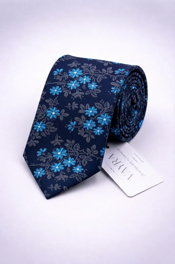 Corbata VAYRA Floreada Azul Marino con Flores Celestes