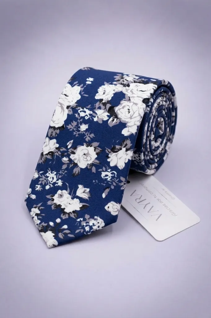 Corbata VAYRA Floreada Azul Noche con Rosas Blancas